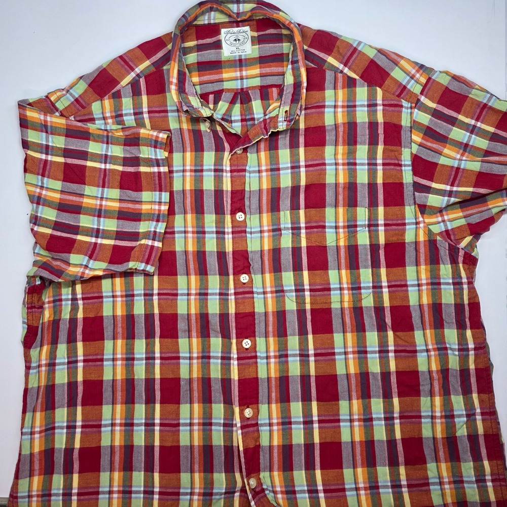 Brooks Brothers Mens XL Short Sleeve Plaid Cotton Sport Shirt Red Orange Green